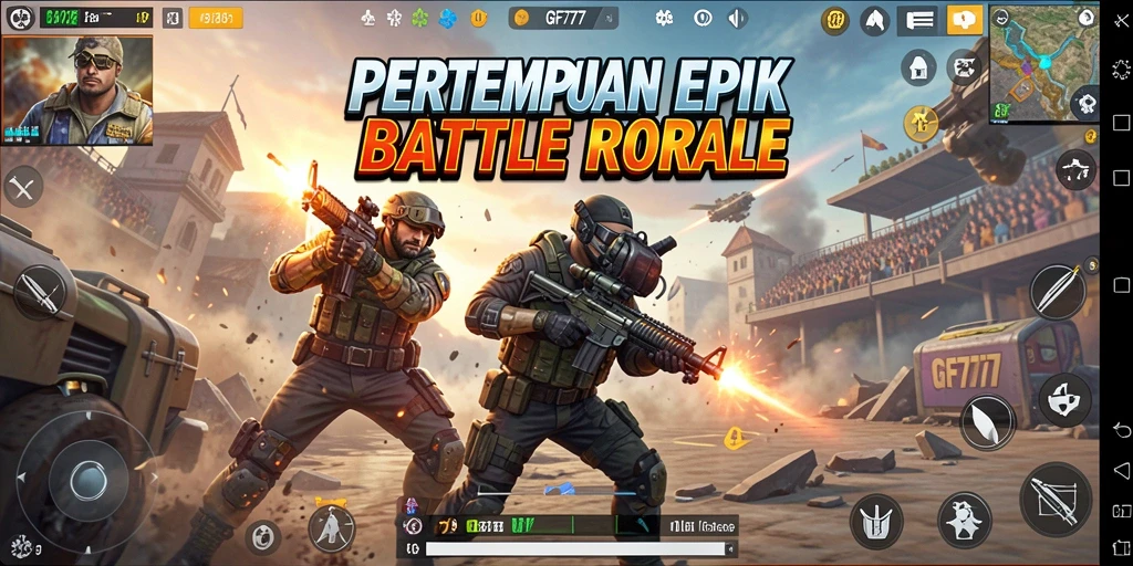 Screenshot menunjukkan aksi seru dalam pertempuran Battle Royale di GF777.