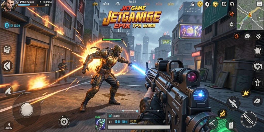 Screenshot gameplay JKTGAME yang menampilkan aksi seru dalam pertempuran TPS.