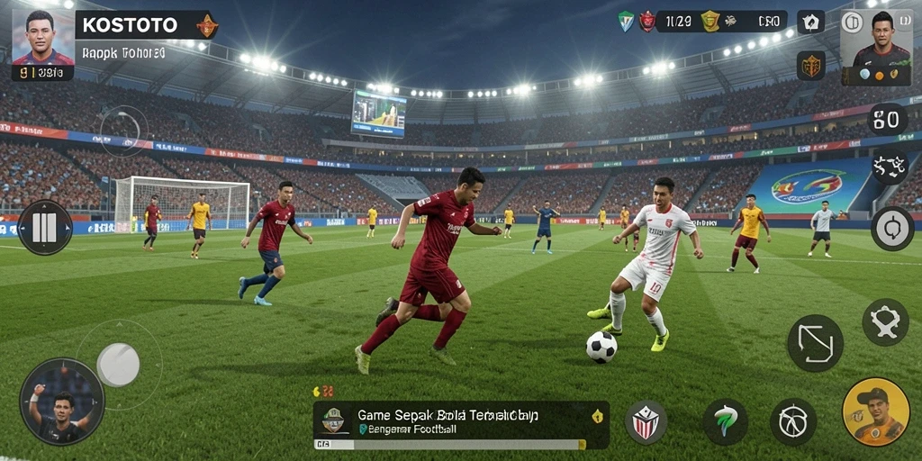 Tampilan aksi seru gameplay KOSTOTO yang menggambarkan serangan tim sepak bola.