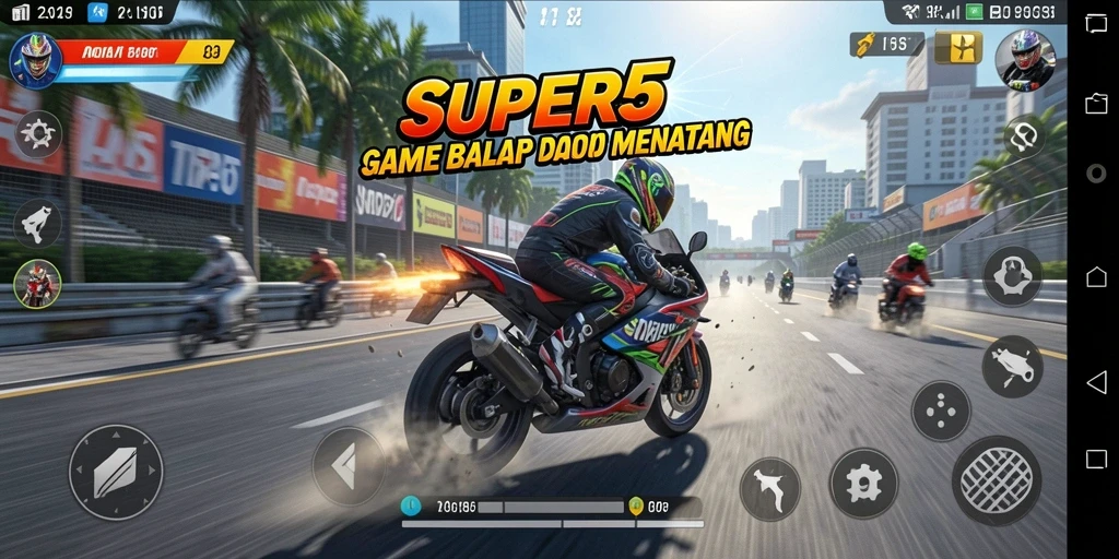 Tampilan gameplay mendebarkan dari SUPER5 dengan balap motor cepat.